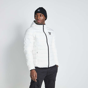 White hooded puffer jacket with black zipper trim and 11° logo on chest