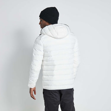 White hooded puffer jacket, back view, black zipper and black hood edge trim