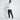 White hooded puffer jacket with front zip, black contrast trim and 11° logo