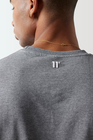 Charcoal marl back of crew-neck T-shirt with 11° logo at center neck