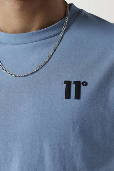 Men's blue crew-neck T-shirt with small black chest logo