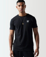 Black crew-neck muscle-fit T-shirt with small '11' logo at the chest.