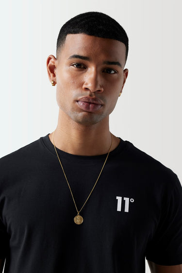 Black crew-neck T-shirt close-up with '11' logo on the chest.