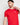 Red crew-neck T-shirt with short sleeves and small chest logo, close-up on upper body