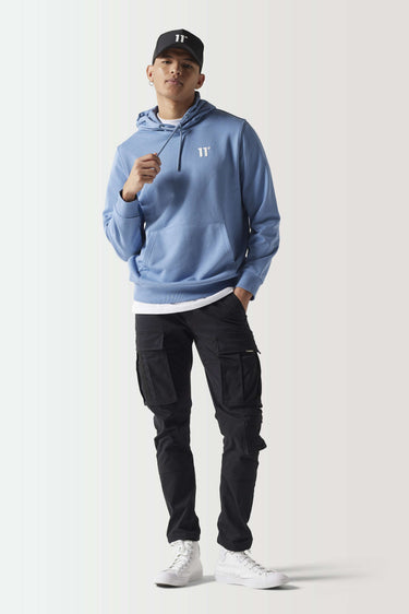 Light blue pullover hoodie with kangaroo pocket, drawstring hood, and small 11° chest logo