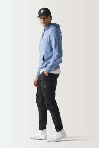 Light blue pullover hoodie with drawstring hood, 11° chest logo, and long sleeves