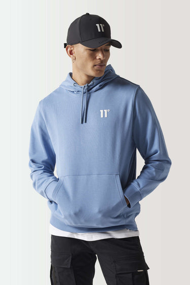 Light blue pullover hoodie with drawstring hood, kangaroo pocket, and 11° logo on chest