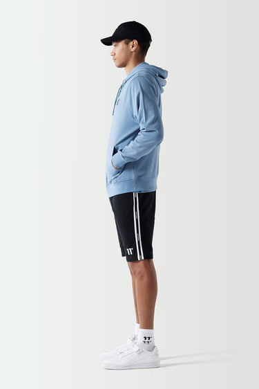 Light blue hoodie with hood and front pocket, side profile
