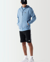 Light blue hoodie with drawstring hood and front pocket, full-body view