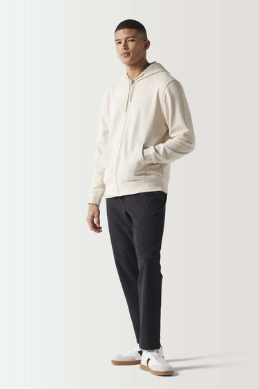 Light beige full-zip hoodie with drawstring hood and front pockets