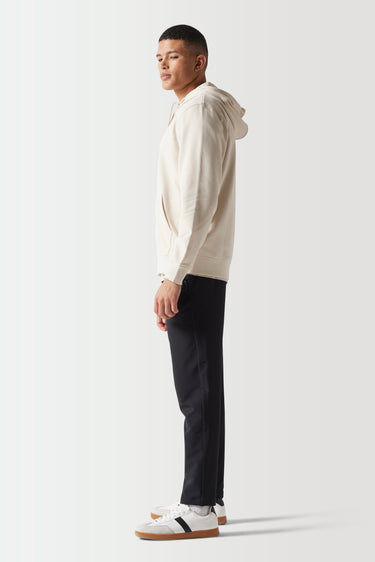 Light beige full-zip hoodie, side view with drawstring hood and cuffs