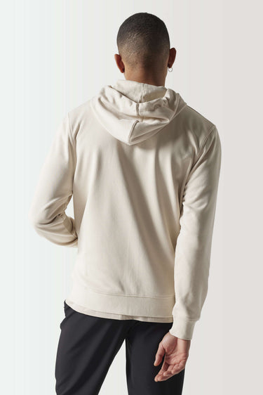 Light beige full-zip hoodie with hood, back view and kangaroo pocket