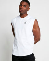 Men's white cut-off sleeveless T-shirt with crew neck and 11° chest logo