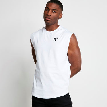 Men's white cut-off sleeveless T-shirt with crew neck and 11° chest logo