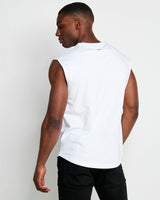 Men's white cut-off sleeveless T-shirt with crew neck, back view