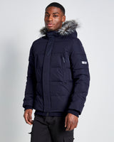 Men's dark puffer jacket with faux-fur hood, full-zip front, and side pockets