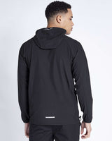 Men's black tech jacket with adjustable hood and full-length back view