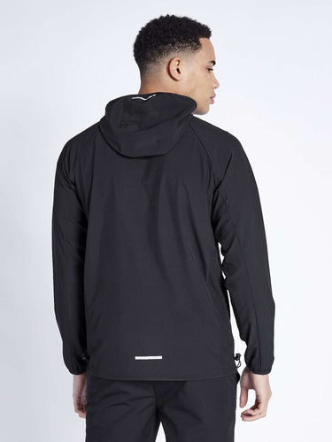 Men's black tech jacket with adjustable hood and full-length back view