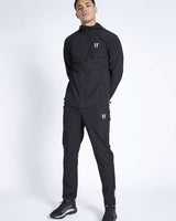 Men's black tech jacket with hood and front zip, shown in full-body view