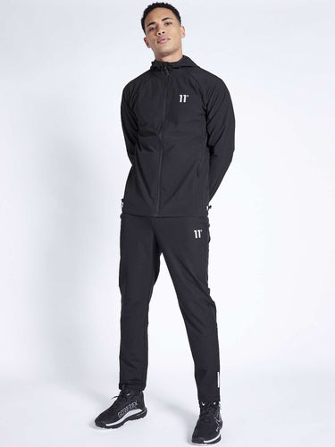 Men's black tech jacket with hood and front zip, shown in full-body view