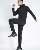 Men's black tech jacket with hood, front zip, and '11°' logo on chest