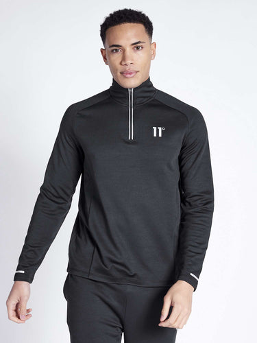 Black quarter-zip athletic top with stand collar and long sleeves
