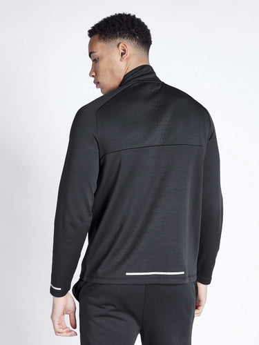 Black quarter-zip athletic top, back view with dotted shoulder detail