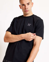 Black crew-neck t-shirt with 3D embroidered chest logo and branded hem strip