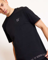 Black crew-neck t-shirt with 3D '11°' embroidery and branded hem text
