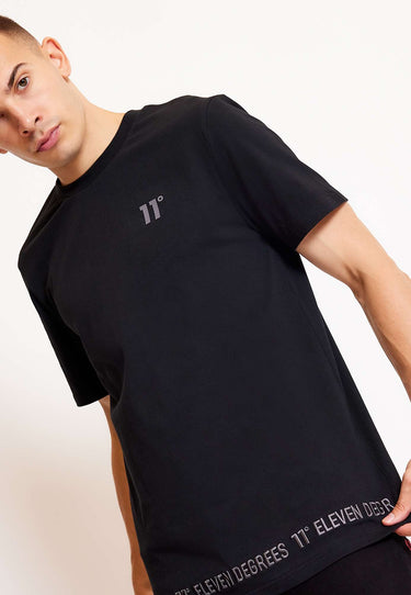 Black crew-neck t-shirt with 3D '11°' embroidery and branded hem text