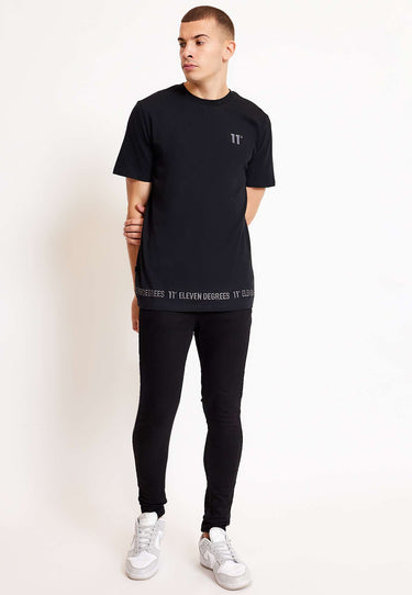 Black crew-neck t-shirt with 3D chest logo and branded hem strip
