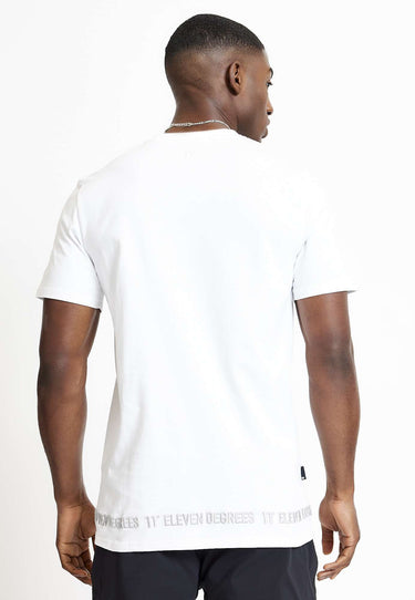 White crew-neck T-shirt, short sleeves, back view with small logo embroidery