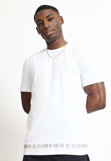 White crew-neck T-shirt with short sleeves and 3D hem-stitched graphic band