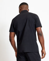 Black utility short-sleeve shirt, back view with clean yoke and short sleeves
