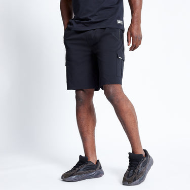 Black utility shorts with cargo pockets and belt loop detail