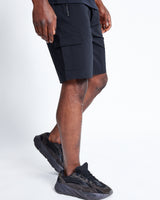 Black utility shorts, knee length, side cargo pockets and adjustable waist