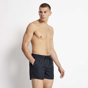 Black belted swim shorts with elastic waistband and side pockets