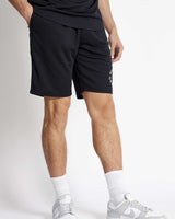 Black mesh shorts with drawstring waist and side logo detail