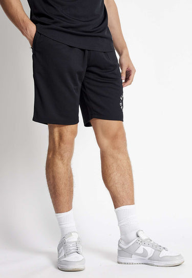 Black mesh shorts with drawstring waist and side logo detail