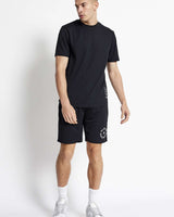 Black mesh shorts, knee-length relaxed fit with side pocket openings