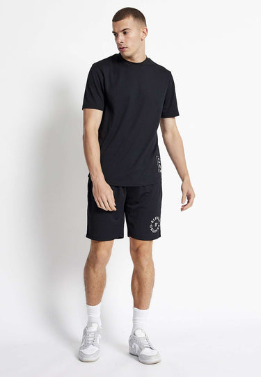 Black mesh shorts, knee-length relaxed fit with side pocket openings