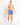 Blue swim shorts on model, featuring elastic waistband and side taping details.
