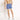 Blue swim shorts with elastic waistband and side seams; straight, above-knee length.