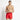 Men's red swim shorts with white side stripe tape and drawstring waist