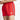 Red swim shorts close-up: elastic waistband and white stripe tape on side