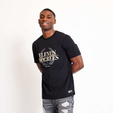 Black crest graphic crew-neck T-shirt with Eleven Degrees logo on the chest