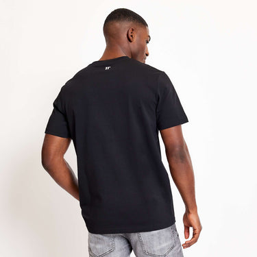 Black crew-neck T-shirt viewed from back, small logo near the collar