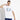 White crew-neck T-shirt with blue and black crest graphic on the chest