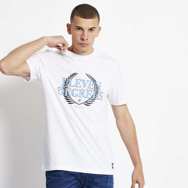White crew-neck T-shirt with blue and black crest graphic on the chest