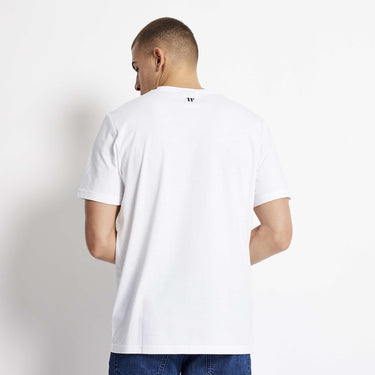 White crew-neck T-shirt with small logo at the back of the neck